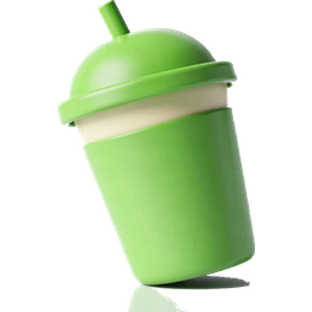 Stylised cup of iced matcha, vivid green with a cream top.
