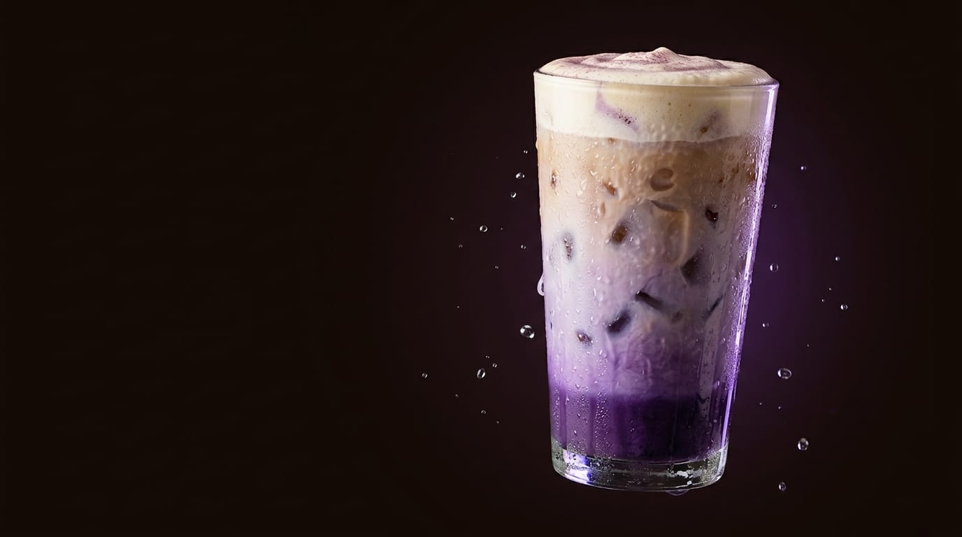 A tall iced ube latte in a clear glass, violet at the base fading to cream, lit against a dark background.
